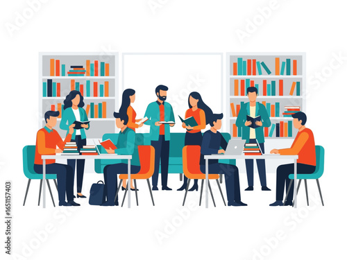 Scholarly Gathering: A vibrant scene of scholars and thinkers engaged in collaborative study. Books, ideas, and interactions weave a tapestry of knowledge and insight. 