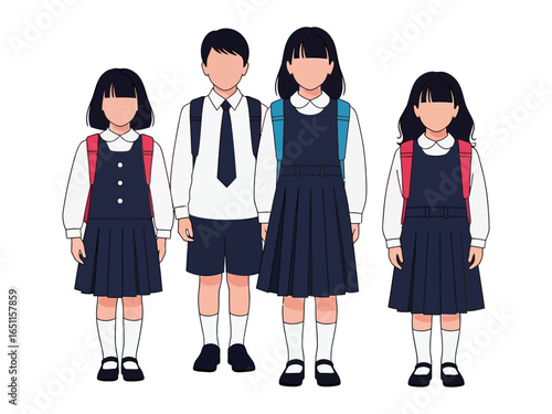School Children's Uniforms: A group of elementary school children stand shoulder-to-shoulder in their neatly pressed uniforms, ready for a day of learning.