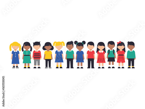Harmony in Diversity: A vibrant ensemble of children from various backgrounds, united in the spirit of inclusion and equality, stands side by side.