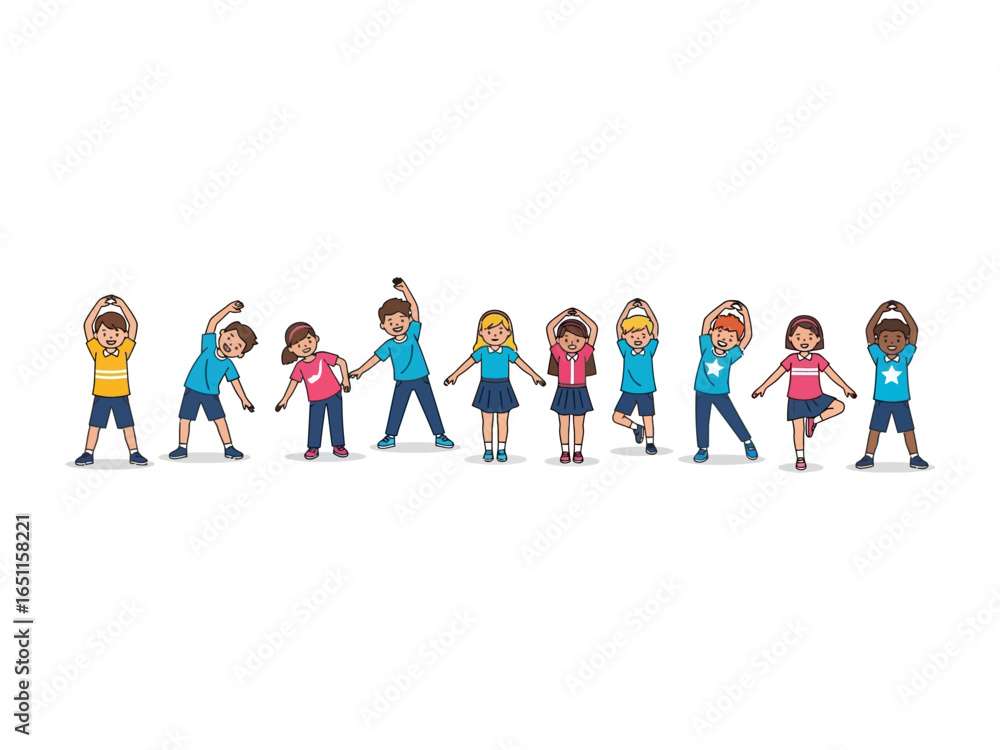 Kids Stretching: A colorful cartoon illustration captures a diverse group of kids of various ages engaging in stretching exercises, emphasizing the importance of health, exercise. Kids Stretching: A colorful cartoon illustration captures a diverse group of kids of various ages engaging in stretching exercises, emphasizing the importance of health, exercise.