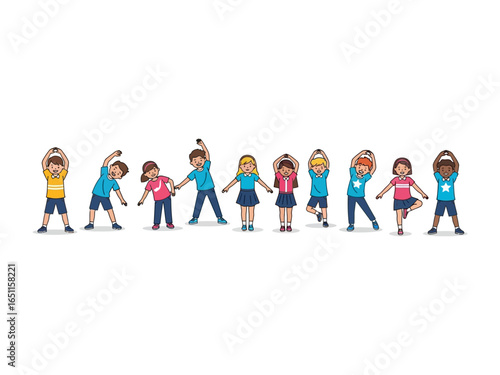 Kids Stretching: A colorful cartoon illustration captures a diverse group of kids of various ages engaging in stretching exercises, emphasizing the importance of health, exercise.