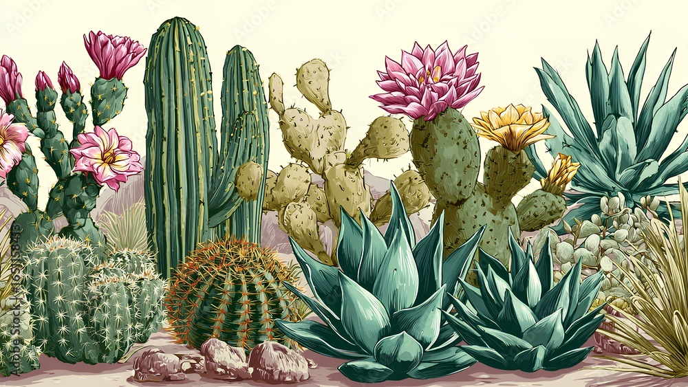 Obraz premium Beautiful Cactus Flower Illustration in Desert Landscape | Succulent and Botanical Art