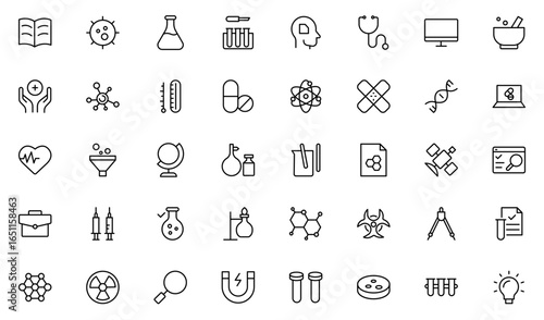 Science and research line icon set. Big UI icon set in a flat design. Thin outline icons pack. Vector illustration. editable stroke