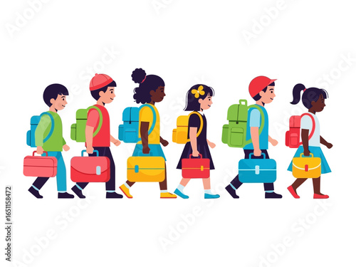 Backpack Brigade: A group of diverse school children happily stride forward, each carrying a colorful backpack and a book bag, ready for a day of learning, knowledge, and discovery. 
