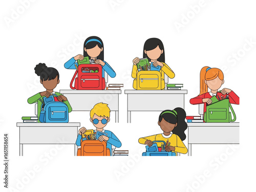 School Backpacks and Students: Students diligently unpack their colorful backpacks at their desks, the image captures the essential school supplies, the anticipation of a new academic day.