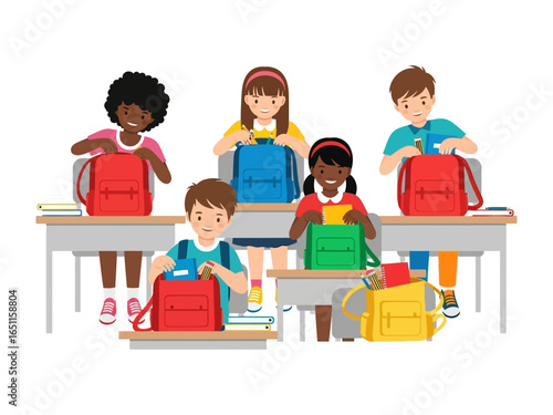 Back to School: A cheerful classroom scene, where a group of diverse children is seen getting ready at their desks. The scene is filled with joy.