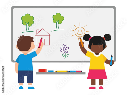 Children's Imagination Unleashed: A colorful and vibrant illustration capturing the playful spirit of childhood creativity as two children happily draw their own imaginative world on a whiteboard.