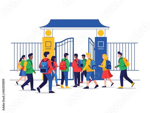 School Entrance: A diverse group of students enters a classic gate and school entrance, carrying backpacks. Symbolizing education and growth, This scene captures a sense of purpose and learning. 