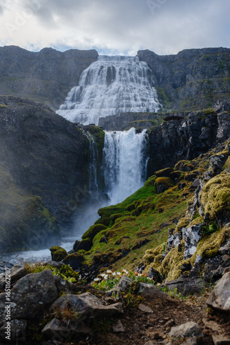 Dynjandi waterfall cascades majestically over rocky cliffs in the Westfjords of Iceland. Surrounded by lush green moss and dramatic landscapes, this natural wonder captivates visitors.