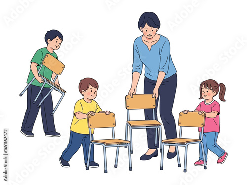 Playful Arrangement: Illustration of a teacher and children organizing chairs, set against a minimalist background, evoking a sense of teamwork, anticipation, and orderly engagement.