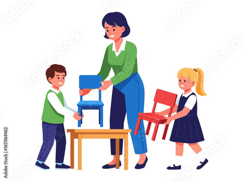 Harmony in the Classroom: A caring educator guides two young students in arranging colorful chairs around a table, fostering a sense of community, and cooperation.