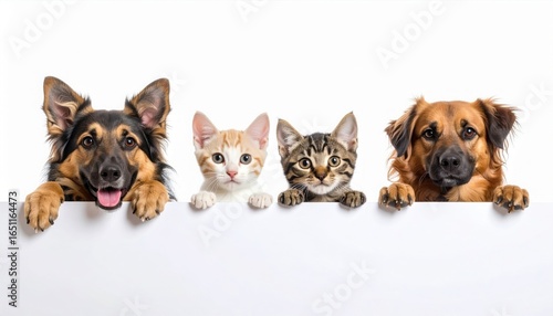 Two cats and two dogs peeking over a white blank board, isolated on white background, cute curious expressions, high resolution, pet photography, playful and friendly animal