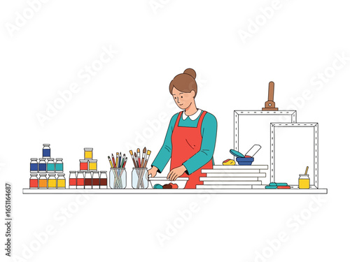 Artistic Creation: A focused artist is meticulously arranging art supplies, surrounded by paint tubes, brushes, and canvases, creating a visual representation of creativity and the artistic process.