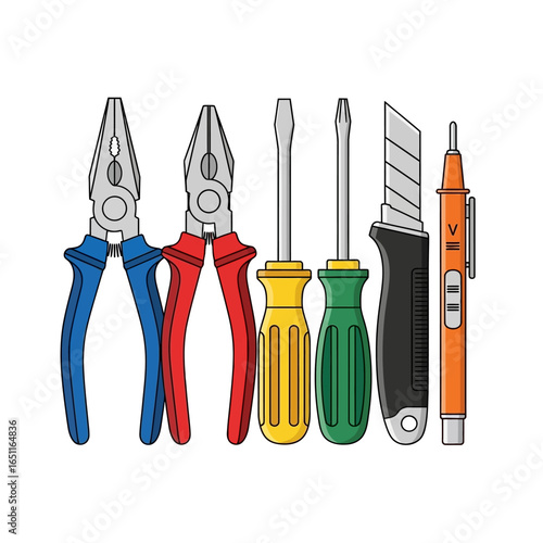 Vector illustration of a diverse set of hand tools including pliers, screwdrivers, and a utility knife, essential for DIY, repair, and professional work across various trades.