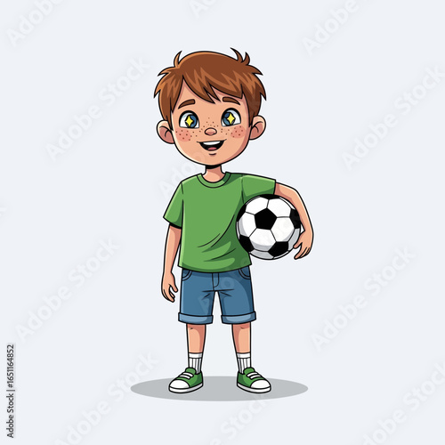 Cartoon Illustration of a Smiling Boy Holding a Soccer Ball in a Green Shirt and Blue Shorts