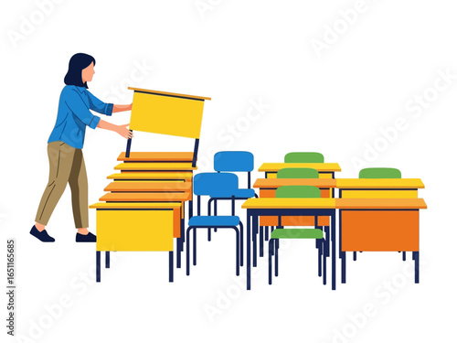 Organizing Classroom: A dedicated educator meticulously arranges school desks in an orderly classroom setting, creating an environment for learning and growth.