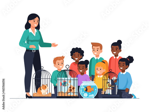 Pet Presentation: A teacher, surrounded by a diverse group of students, is giving a presentation of various small animals. The scene portrays a joyful lesson about different pets.