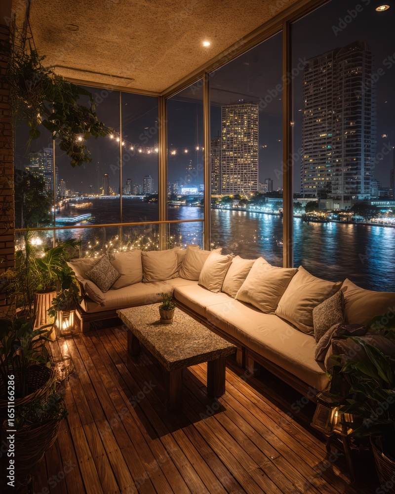 Fototapeta premium Cozy riverside patio at night