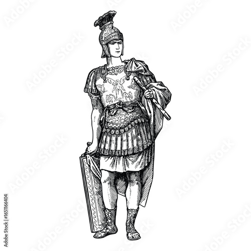 Roman Soldier Hand Drawn Illustration in Vintage Engraving Style