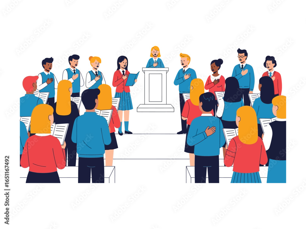 Ταπετσαρία Civic Ceremony of Pledge: A diverse group stands united, hands over hearts, reciting a pledge of allegiance during a solemn civic ceremony, a celebration of commitment