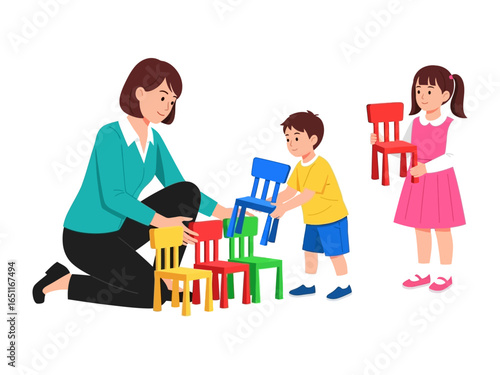 Building Blocks of Early Education: A caring teacher facilitates a vibrant classroom scene where playful children learn through the stacking of colorful chairs, representing foundational learning.