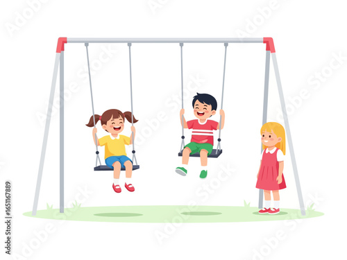 Joyful Playground: Three young children relish the simple pleasures of childhood, laughing and swinging playfully under a bright blue sky, and a friend watch them with curiosity.