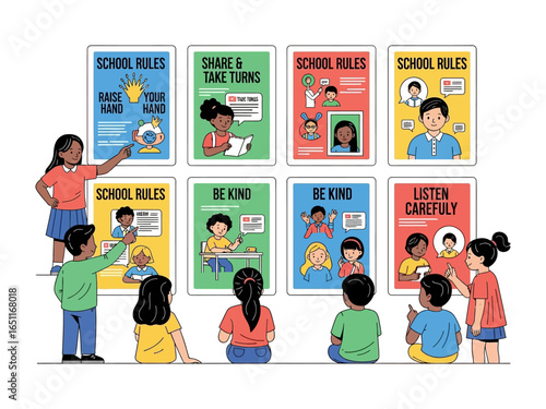 School Rules in Focus: A classroom scene where diverse children engage with educational posters, creating an atmosphere of learning.
