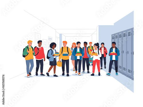 School Corridor Crowd: A vibrant group of diverse students streams along a school corridor, each carrying backpacks and books, embodying the energy and anticipation of learning.