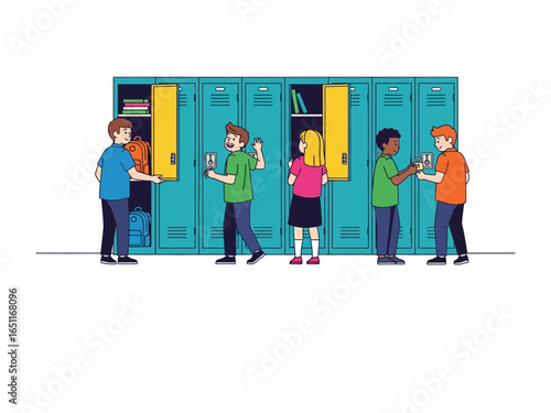 School Locker and Students : A vibrant illustration depicts a school hallway bustling with students, interacting near their lockers, capturing the essence of daily life.