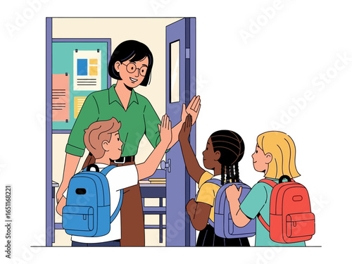 Friendly Farewell in School: A teacher extends a warm, welcoming greeting to her students at the classroom entrance, with a friendly high-five. This captures the vibrant school setting.