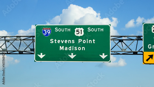 Canvas Print A highway sign for Stevens Point and Madison Wisconsin