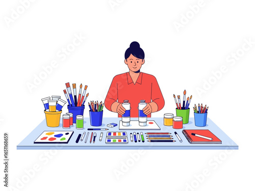 Artistic Creation: A woman meticulously crafts, surrounded by an array of artistic tools, showcasing her dedication to fine art