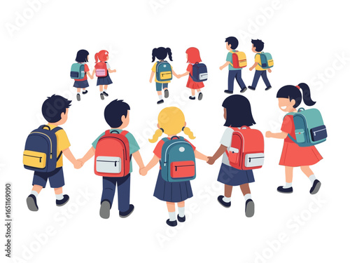 Friendship Circle at School: Children in a vivid illustration, hold hands, exemplifying unity, friendship, and the joy of companionship in the classroom.
