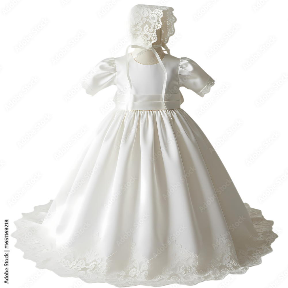 Fototapeta premium Elegant Christening Gown: Baby Girl's Satin Dress with Bonnet