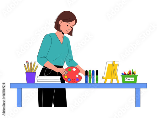 Artist in Atelier: An artist standing in her atelier surrounded by art supplies, poised to paint, in a bright and inviting space.