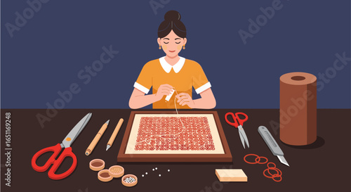Woman stitching embroidery with thread and craft supplies