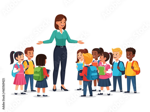 Teaching Moments: A warm and inviting scene where a dedicated educator guides a group of eager students. The setting shows their faces full of excitement and joy.