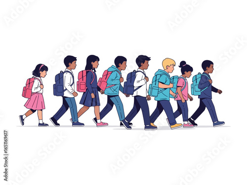 School Children On Their Way: A line of children with backpacks walking. The vector illustration perfectly captures the theme of going to school.
