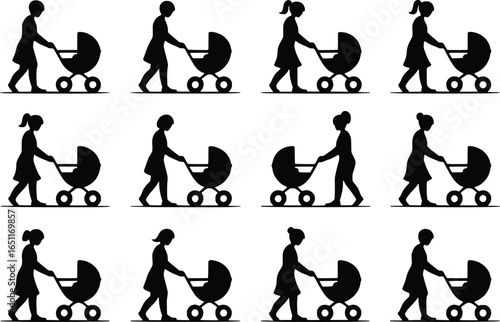 Silhouettes of women walking with baby strollers in a grid pattern
