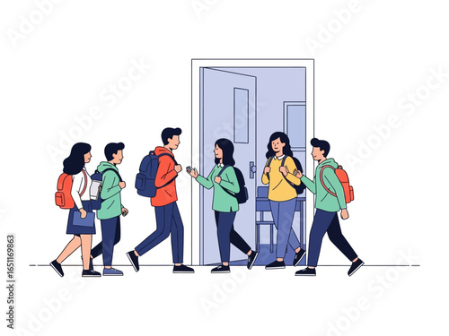 School Day Entry: A group of students head toward a classroom. Capturing the eager anticipation of learning and education. 