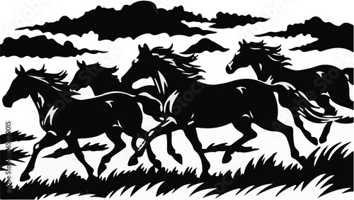 Running horse silhouette vector with a cowboy rider on a farm road design