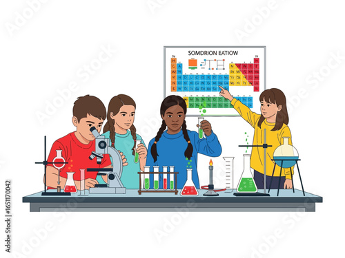 Young Scientists in Action: A group of enthusiastic children delves into a world of scientific discovery, conducting experiments in a vibrant and educational lab setting.