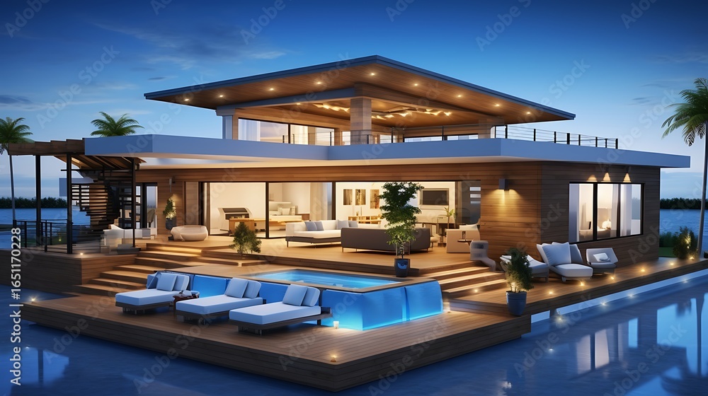 Fototapeta premium High-fidelity render of a luxury open-concept home design with rooftop and wood accents, 3D model resting over a clean blue schematic background, detailed and realistic.