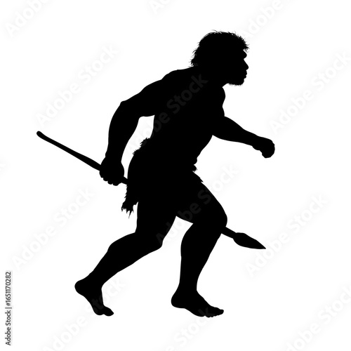 Neanderthal primitive man with a spear silhouette
