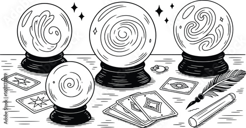 Mystical crystal balls and fortune telling cards on a table