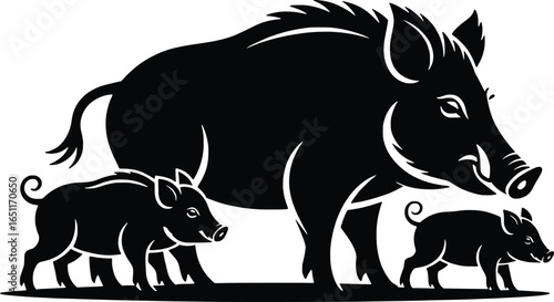 Silhouette of a mother wild boar with two piglets in a stylized graphic