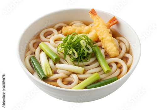 Delicious bowl of Japanese udon noodles with tempura and fresh green onions