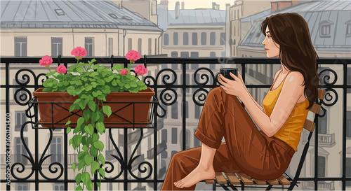 Young woman drinking coffee on city apartment balcony