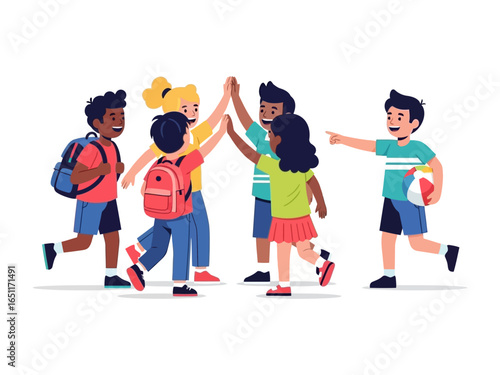 Childhood camaraderie: A diverse group of children engaging in playful interaction, high-fiving with smiles, exemplifying the joys of friendship and youthful camaraderie.
