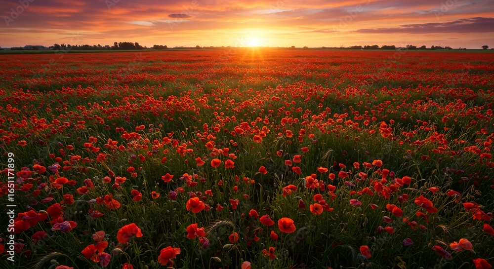 Obraz premium A field of flowers with the sun setting in the background showing a field of wild poppies stretching to the horizon